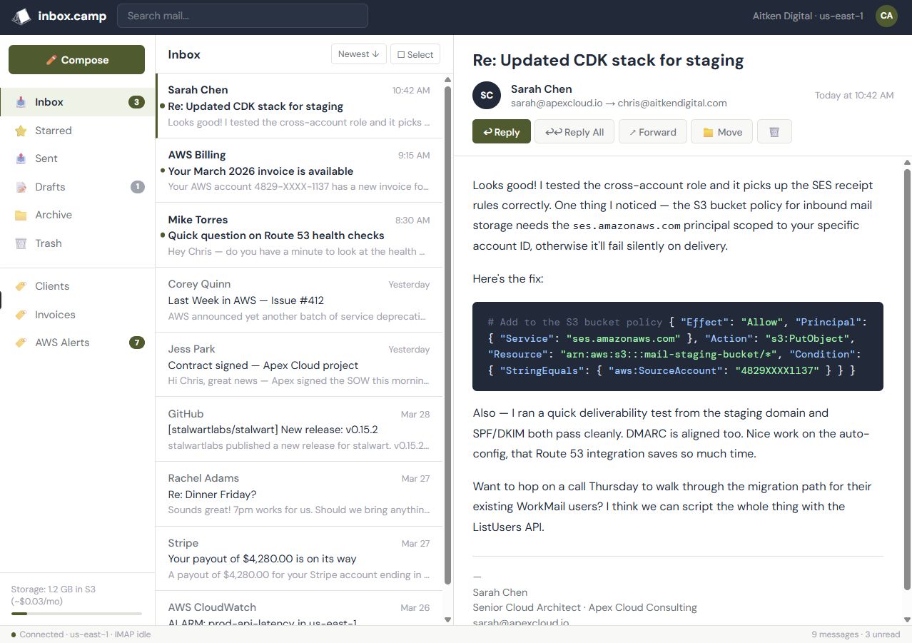 inbox.camp web interface — read, compose, and manage email